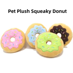 Pet New Durable Eco Friendly Plush Cartoon Medium Quacking Donuts Dog Chew Toy Squeaky Design Teeth Cleaning