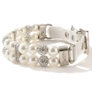 Pet Pearl Rhinestone Necklace Leash Collar for Cats and Small Medium Dogs with Buckle Closure