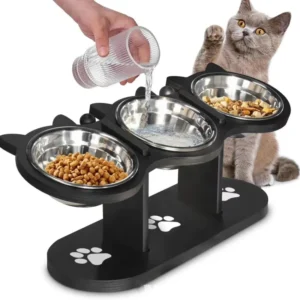 Pet Plastic Feeder for Dogs & Cats with 3 Bowls Automatic Feeding Tilt Protection Neck Protection Waterproof & Paw Print Pattern