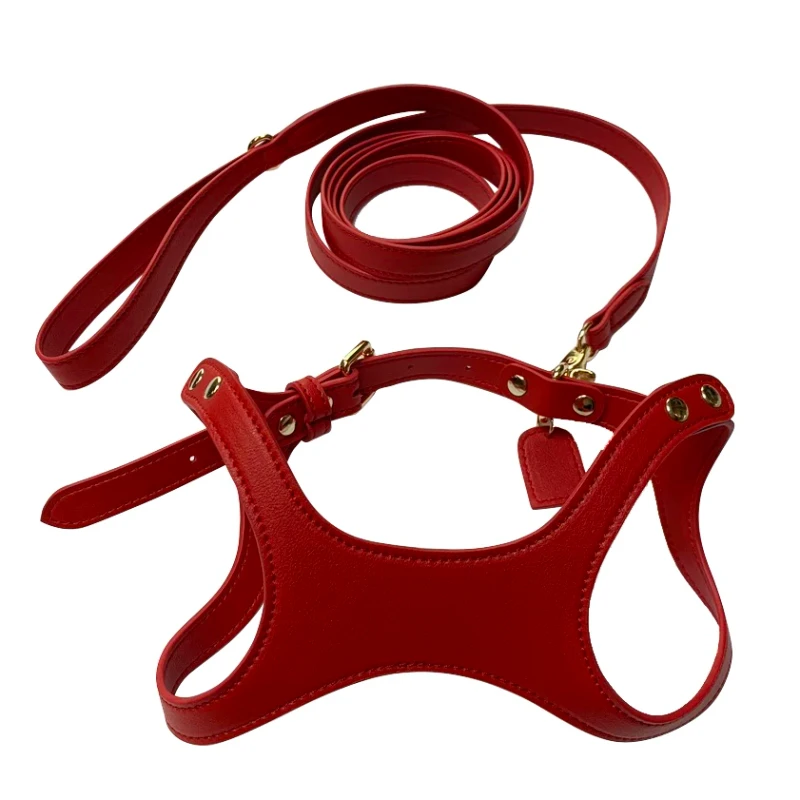 Pet Products Glasses Style PU Leather Dog Harness Leash Collar Poop Bag 3 Sets