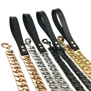 Pet Products Leather Handle Stainless Steel 32mm Waterproof Gold Cuban Chain Dog Harness Big Dog Collars Leashes