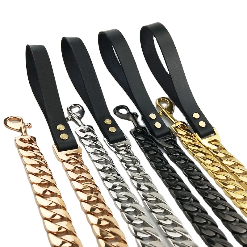 Pet Products Leather Handle Stainless Steel 32mm Waterproof Gold Cuban Chain Dog Harness Big Dog Collars Leashes
