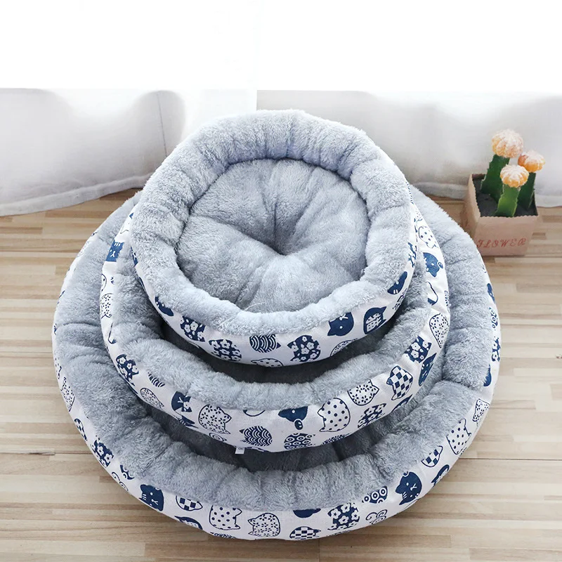 Pet Round Cotton Bed for Small Animals Solid Pattern Cartoon and Classic Style All Seasons Use