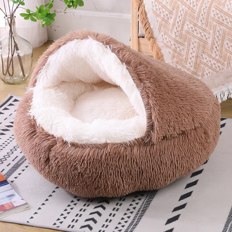 Pet Supplies Canopy Faux Fur Hooded Semi Closed Donut Luxury Dog Bed for Sleeping Other Pet Beds Accessories