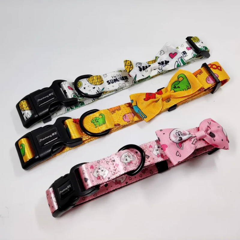 Pet Supplies Custom Pattern and Logo Fashion Multifunction Webbing Nylon Cat Bow Tie Dog Training Collar and Leash