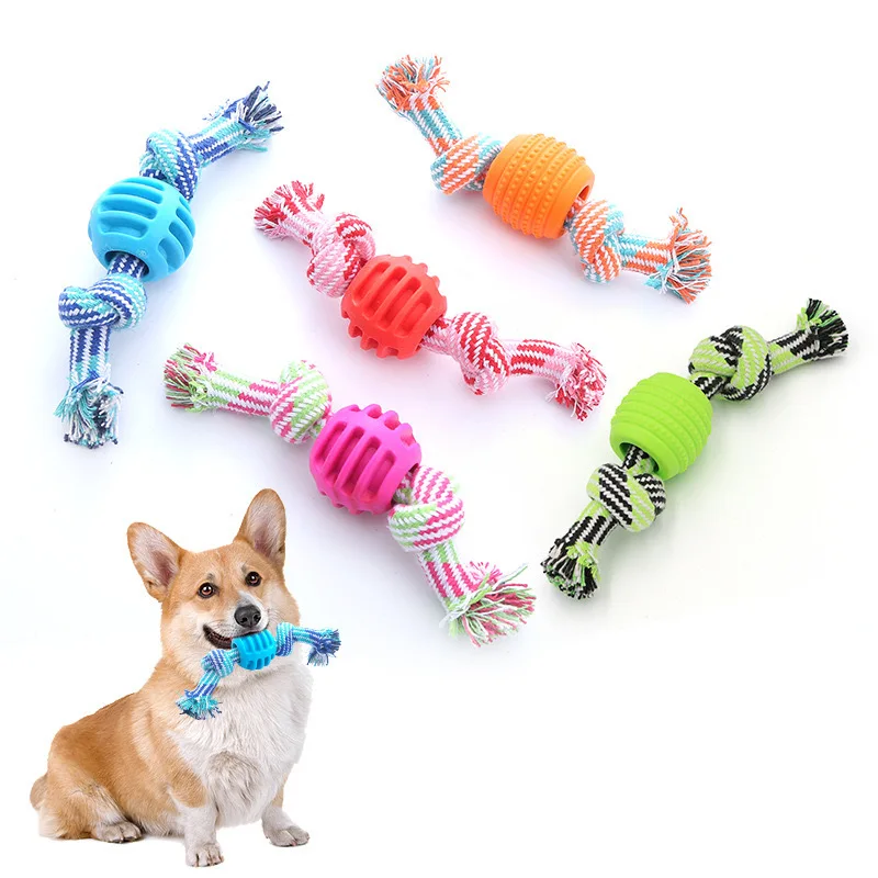 Pet Supplies Dog Toys Colorful Cotton Rope Double Knot TPR Ball Durable Chewing Interactive Dog Training PT 097 Ready Stock