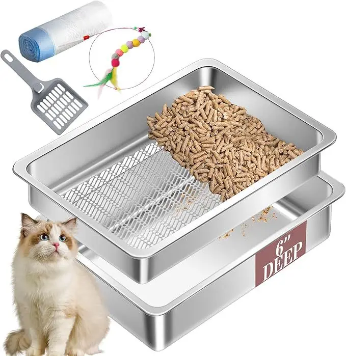 Pet Supplies New Cat Litter Toilet Double Layer Stainless Steel Cat Litter Tray Sifting and Filtering for Cleaner