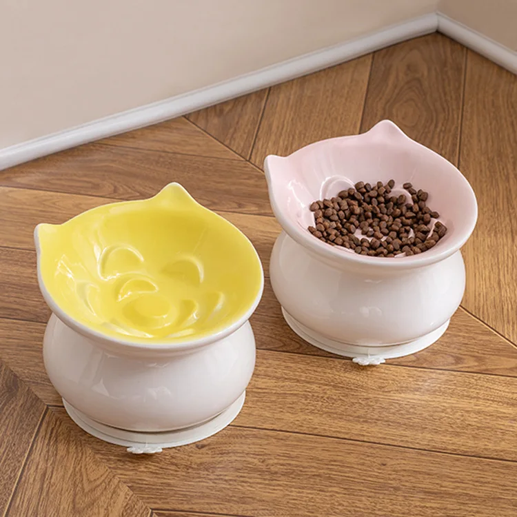 Pet Supplies Water Bowl Tilt Angle Design Baby Grade Ceramic Silicone Base Protect Neck Elevated Cat Slow Feeding Bowl