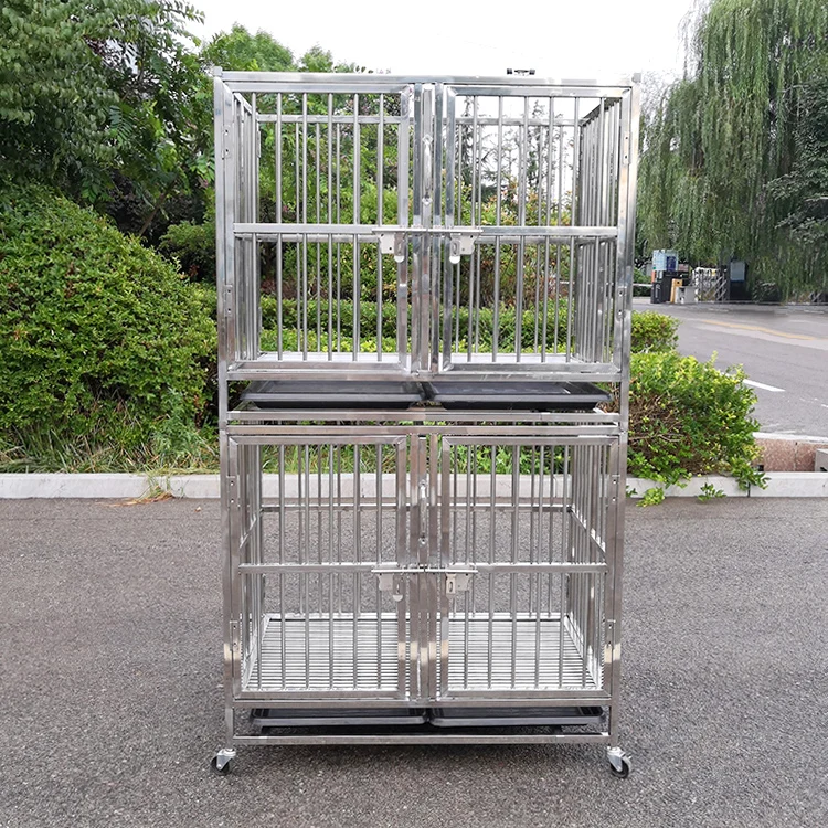 PetFit Large Double Decker Stainless Steel Dog Cage with 24 Compartments Plastic Tray for Pet Grooming Salon & Boarding Service