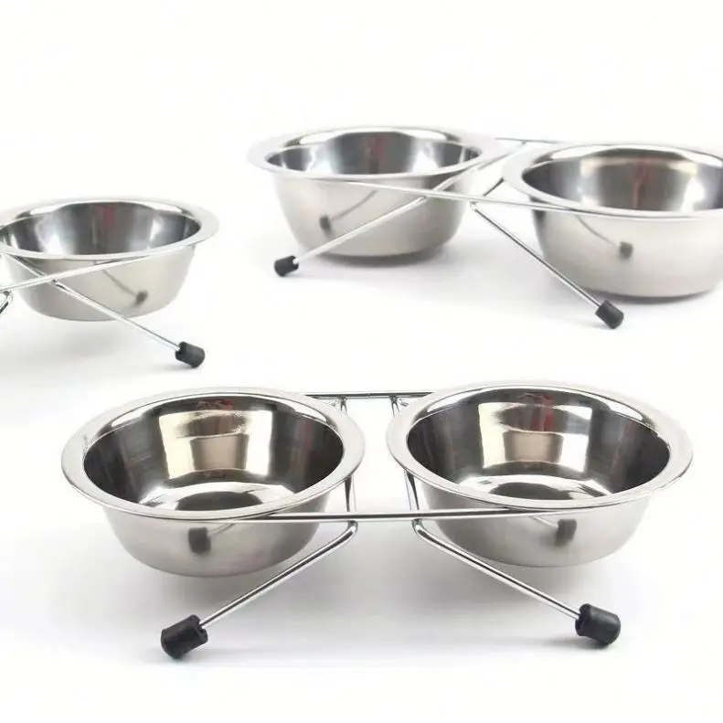 Pets Raised Double Dish Feeder with Wire Rack for Cats and Steel Dog Bowls Double Food and Water Bowls