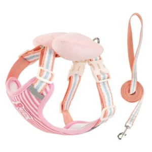 Pink Dog Harness Puppy Breathable Mesh Fabric Stripes Dog Harness Custom Rubber Logo with Pet Leashes Kit