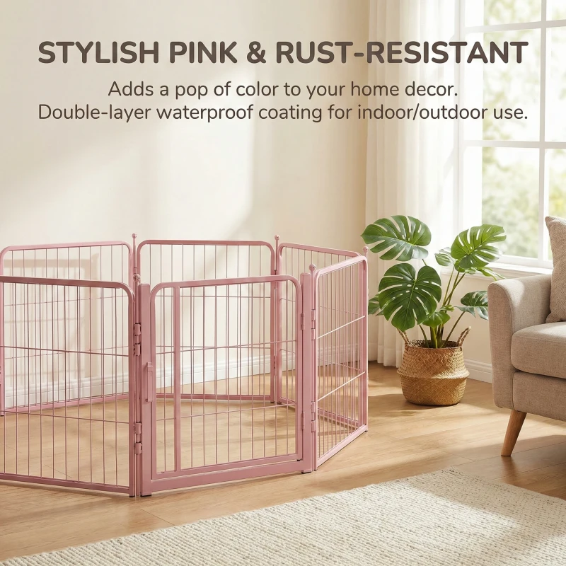 Pink Metal Fence Foldable Pet Playpen with Lockable Door Indoor and Outdoor Cage for Puppies Kittens and Rabbits