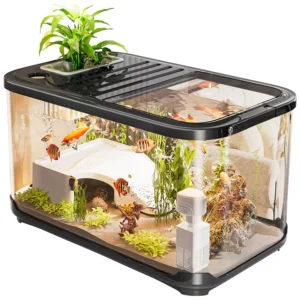 Plastic Aquarium with Lid Creative Transparent Fish Tank for Living Room Desktop Decor Breathable Turtle Habitat Box
