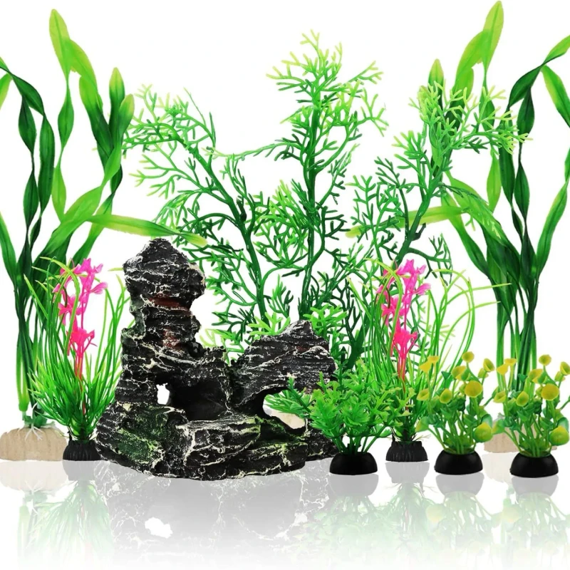 Plastic Simulation Aquarium Decoration Fish Tank Plants and Cave Rock Decoration for Fish Bowl