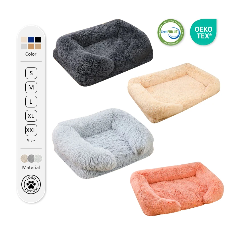 Plush Rectangle Pet Kennel Dog Bed Winter Faux Fur Dog Mat Breathable Bed Supplies Solid Pattern Cat Sofa Bed