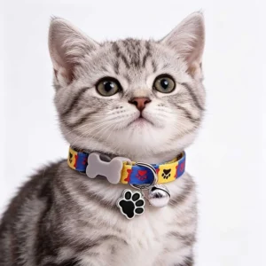 Polyester Fashion Pet Collar with Bell and Paw Print Pendant Adjustable Safety Buckle for Small Dogs
