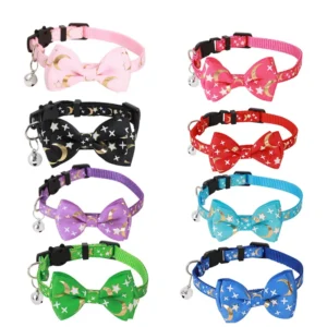Polyester Pet Collar with Gold Stamped Woven Ribbon Featuring Bow Star and Moon Accents Light Luxury Festive Design for Cats