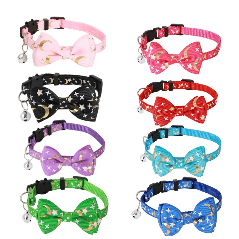 Polyester Pet Collar with Gold Stamped Woven Ribbon Featuring Bow Star and Moon Accents Light Luxury Festive Design for Cats