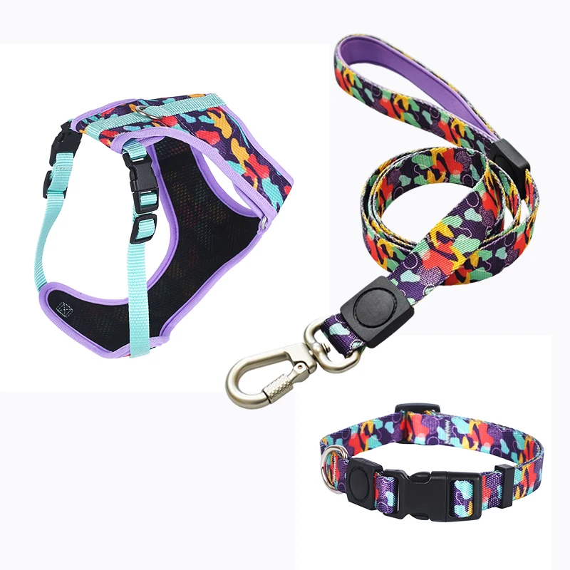 Polyester Reflective Personalized Washable Quick Release Dog Harness Set Dog Collar Leash for Pet Walking