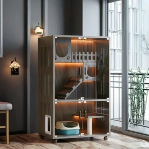 Popular LED Enclosed Modern Wooden Indoor Luxury Solid Pattern All Seasons Pet Furniture Cat House Cats Villa