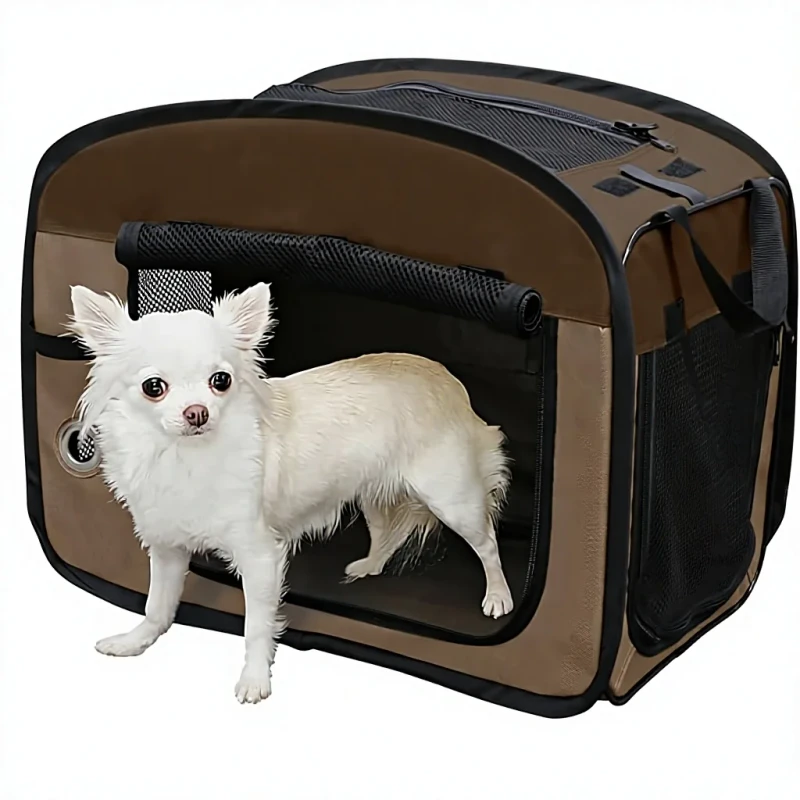 Portable Folding Soft Pet Cage S Size Brown Polyvinyl Chloride Indoor & Transport Use
