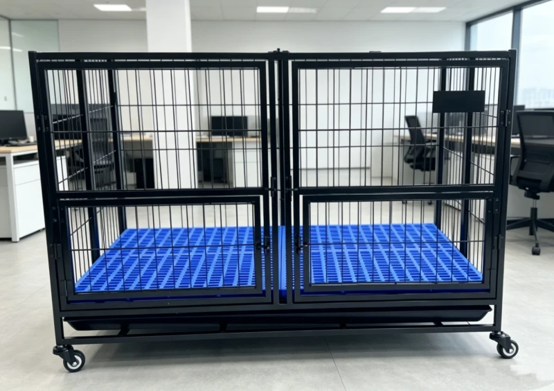 Portable Heavy Duty Double Door Iron Dog Kennel Foldable Metal Pet Cage With Plastic Tray