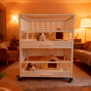 Portable Movable Modern Solid Glass Small Animal Cage with Stainless Steel Frame Medium Size Running Wheel & Breathable Design