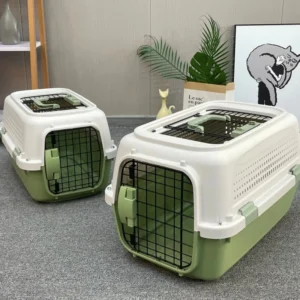 Portable Pet Travel Carrier with Metal Doorframe and Skylight Handle for Dog or Cat Transport Cage