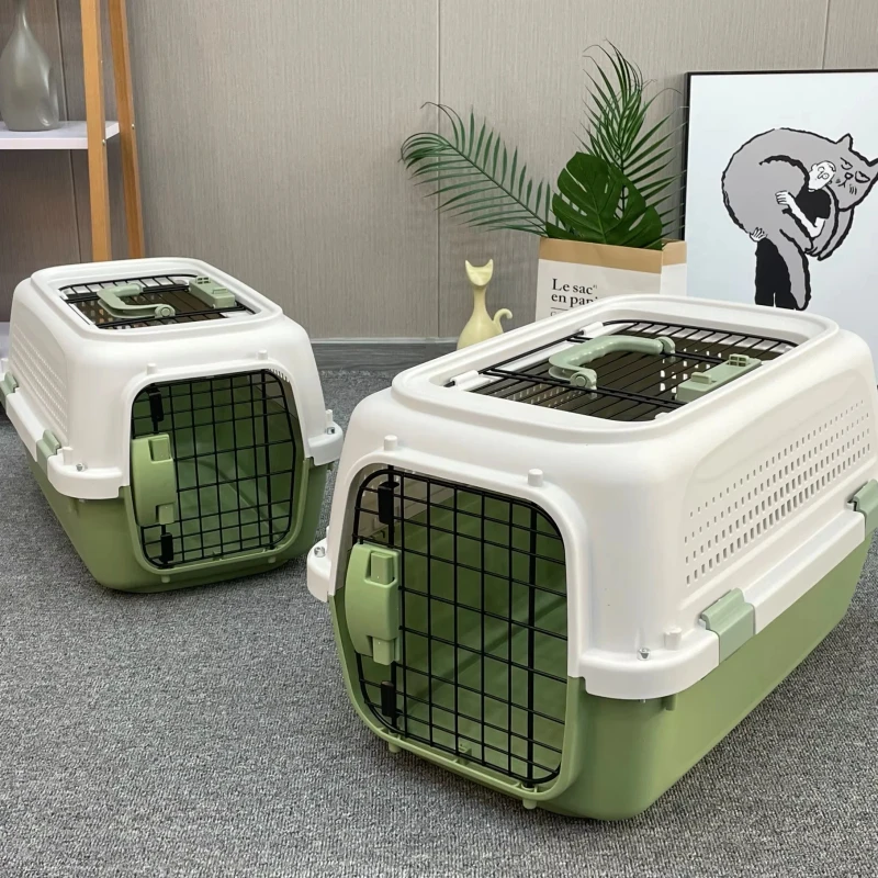 Portable Pet Travel Carrier with Metal Doorframe and Skylight Handle for Dog or Cat Transport Cage