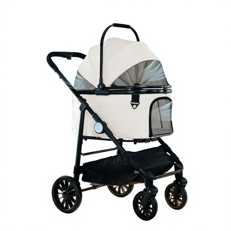 Premium 4 Wheel Pet Stroller Detachable Carrier One Click Fold Breathable Mesh Fabric Privacy Cover Large Dogs Cats All Season