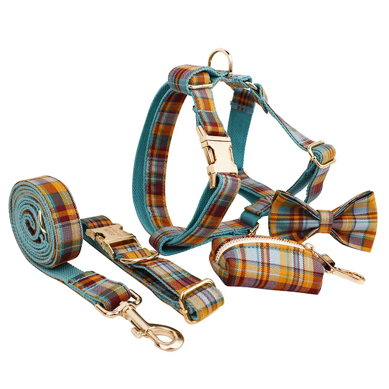 Premium Dog Harnesses Luxury Green Plaid Patterned Adjustable Strap Dog Harness Collar and Leash Set with Golden Hardwares