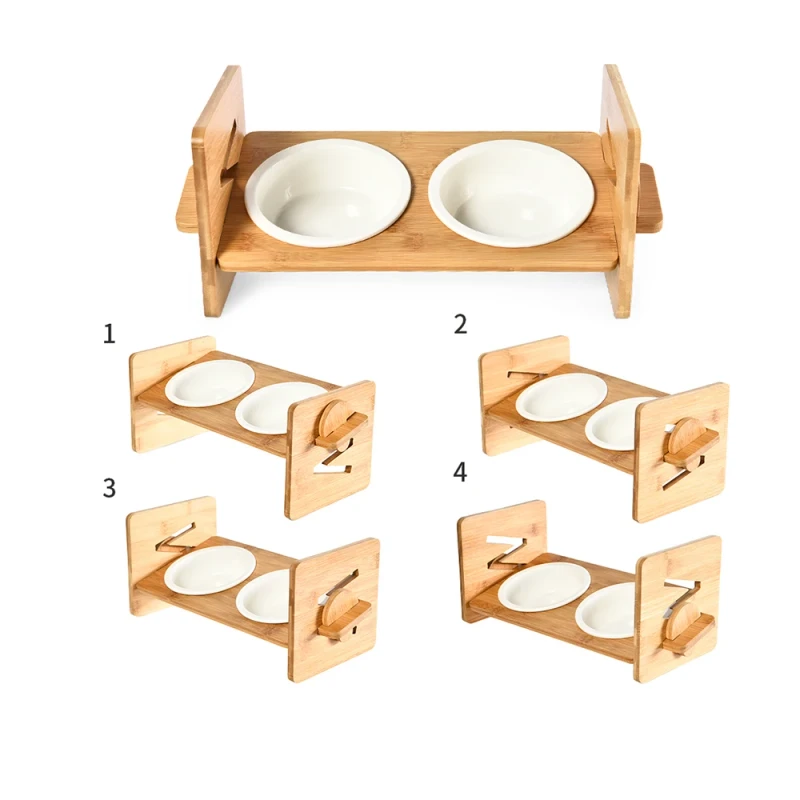 Premium Elevated Pet Raised Bowls Dog Cat Feeder Solid Bamboo Stand Food Feeding Bowl With Ceramic Manufacturer for Dogs