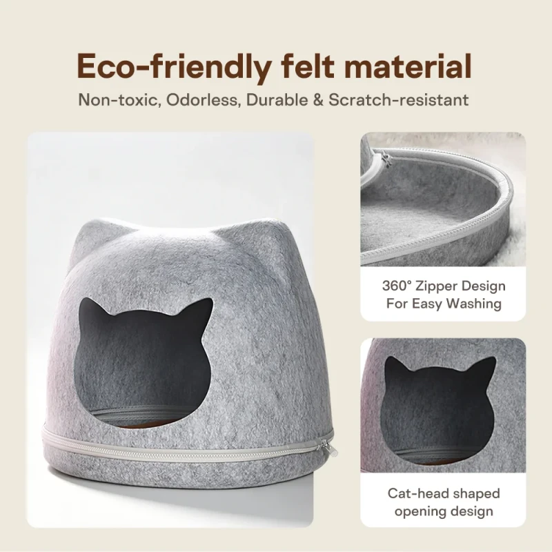 Premium Felt Cat House, Zippered Detachable Pet Cave for Sleeping and Playing