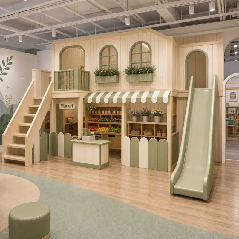 Pretend Play Center Indoor Soft Play Equipment with Garden Cafe Play Loft Slide and Counter for Kids Indoor Playground