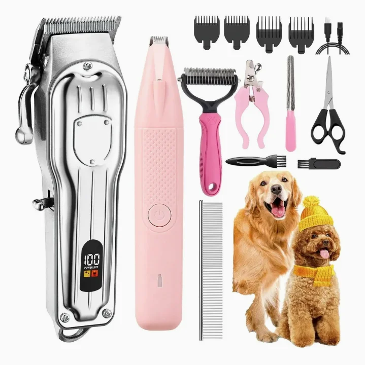 Professional Dog Grooming Kit Clippers Cordless Rechargeable Cleaning Pet Hair Shaver Set LED Display Thick Hair Dogs Cats Paws