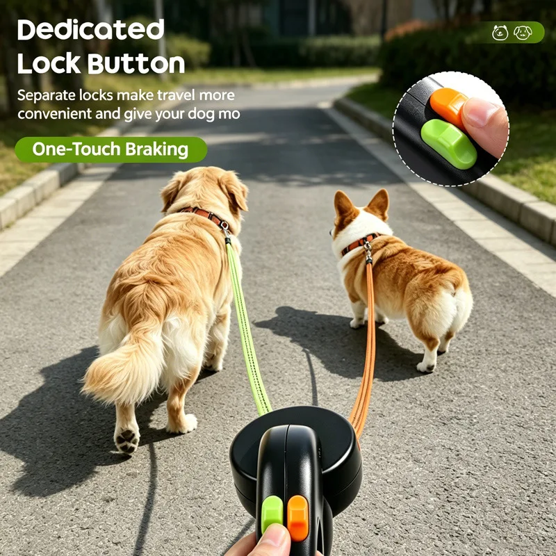 Professional Dual Head Automatic Pet Leash with LED Light 3M/5M Retractable Double Dog Walking Leash for Small Medium Dogs