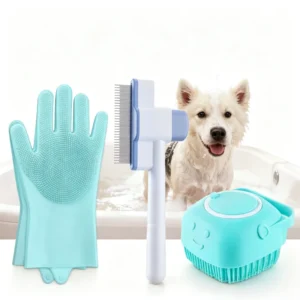Professional Pet Grooming Kit Self-Cleaning Needle Comb Silicone Gloves Cat and Dog Shampoo Dispensing Bath Brush