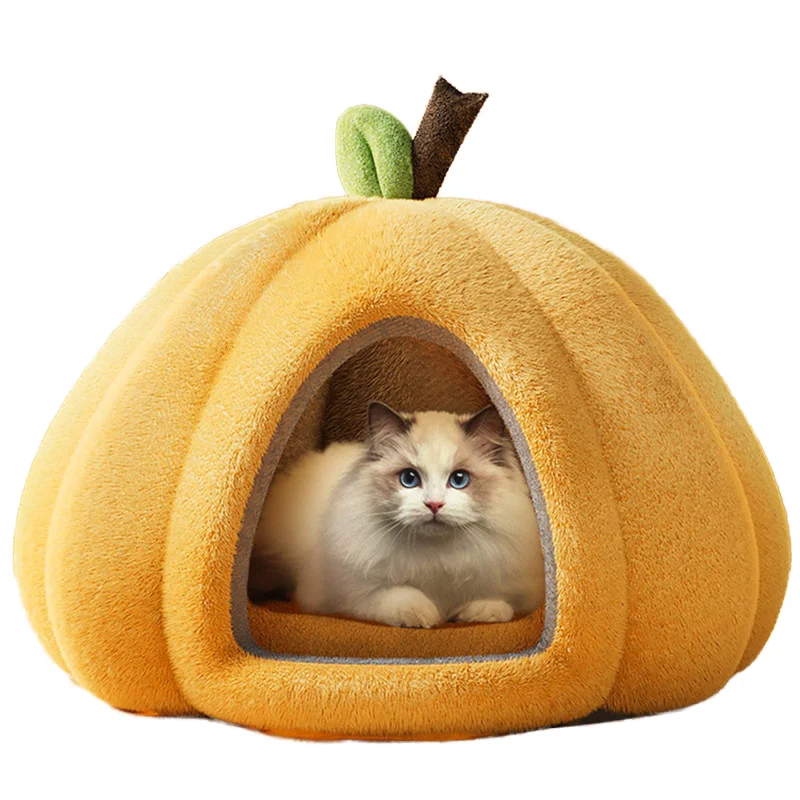 Pumpkin Cat Nest Modern Luxury Semi Closed Pet Kennel Comfortable Bed for Kittens Puppies Removable Washable Cotton Filled Four
