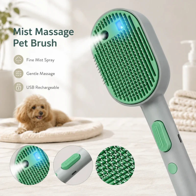 Rechargeable Pet Grooming Brush With Mist Spray Self Cleaning Hair Removal Massage Comb for Dogs Cats Daily Care