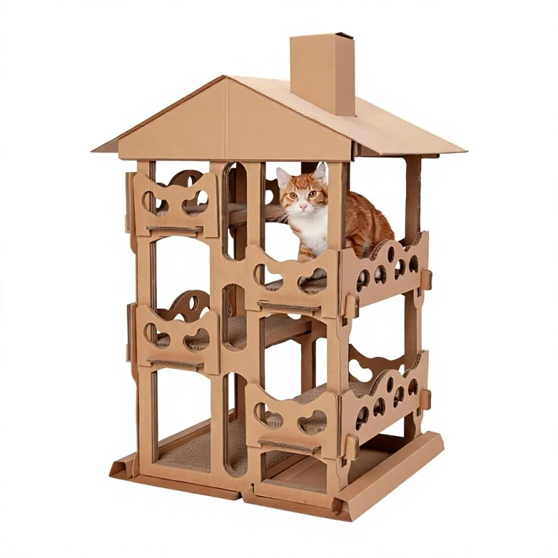 Recyclable Cardboard 3 Level Cat House Tower Playground Multi Level Cat Tree Hideout Scratcher for Indoor Use