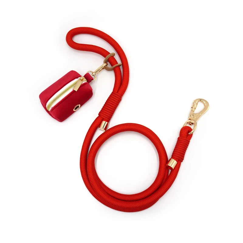 Red Polyester Pet Leashes Soft Velvet Dog Poop Bag Holder Gold Buckle Rope Dog Leash Set