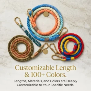 Reflective Personalized Padded Cotton Rope Dog Leash with Leather Trim Durable Braided Pet Lead Handmade Designer