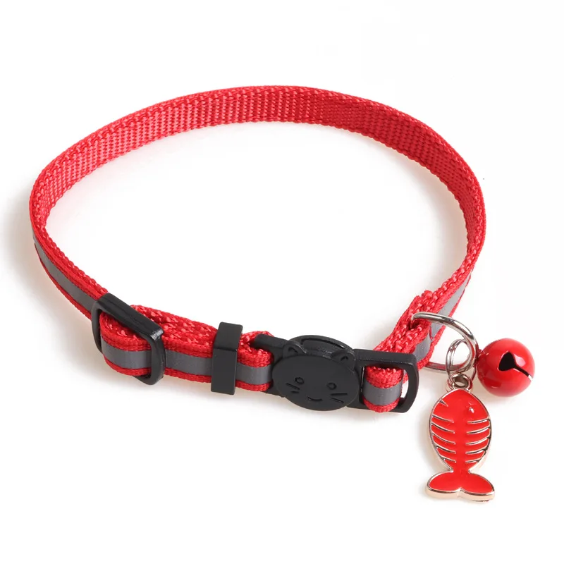 Reflective Webbing Extendable Buckle Closure Cat Collar with Colorful Fishbone Pendant