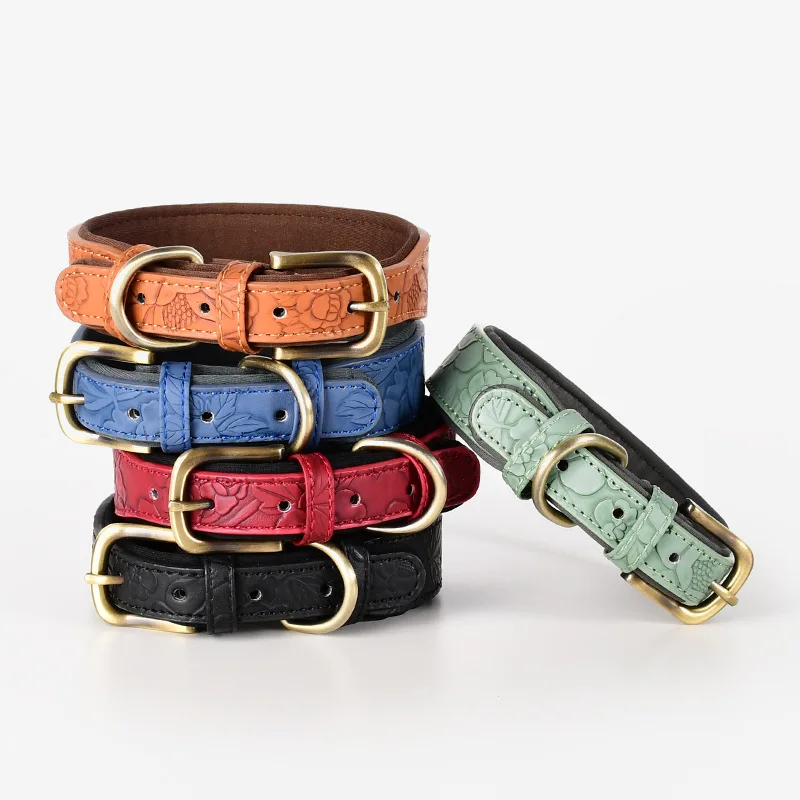 Retro Engraved Stamped Pet Collars Soft Leather Soft and Comfortable Dog Collars for Medium and Large Dogs