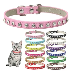 Rhinestone Pet Collar Necklace Solid Color PU Collar Cute Crystal Collar for Kittens & Puppies Small Pets