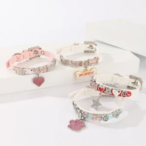 Rhinestone Pet Collar Soft Leather with Heart Paw Charms for Small Dogs Cats