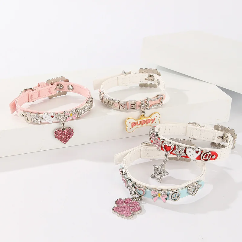 Rhinestone Pet Collar Soft Leather with Heart Paw Charms for Small Dogs Cats