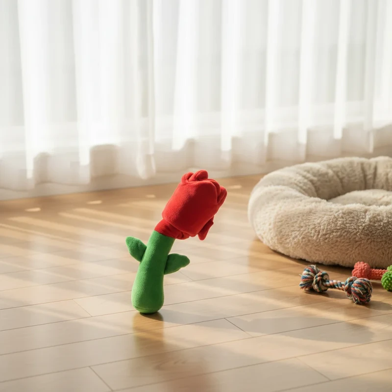 Rose Shaped Dog Chew Toy with Squeaky and Crinkle Paper Features Food Dispensing for Teething Relief and Boredom Relief