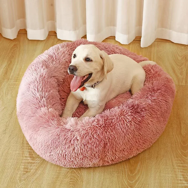 Round Donut Washable Dog Bed Anti Slip Faux Fur Fluffy Donut Cuddler Anxiety Cat Bed Dog Bed