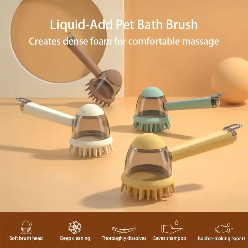 Self Cleaning Soft Silicone Pet Bath Brush Long Handle Dog Massage Scrubber Non slip Cat Grooming Comb for Shower Cleaning